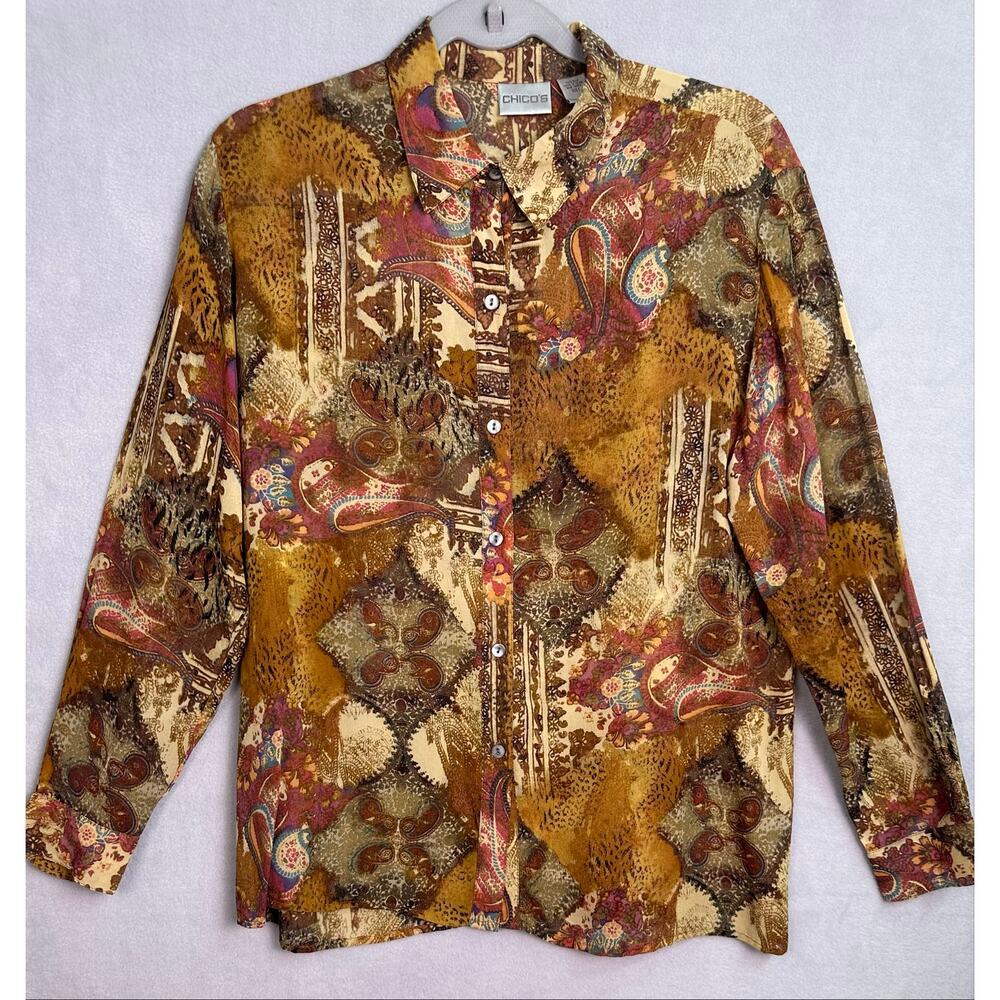 Vintage Chico’s 100% Silk Paisley Blouse Multicolor Semi Sheer Size 1 (Medium) - Picture 2 of 9